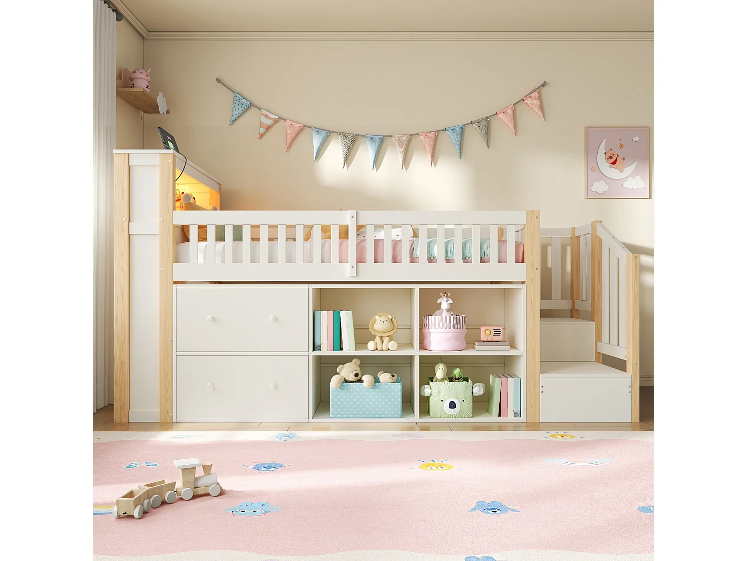 Lit enfant 90 x 200 cm - avec 2 tiroirs - avec compartiments de rangement - avec lumière LED - naturel (matelas non inclus)