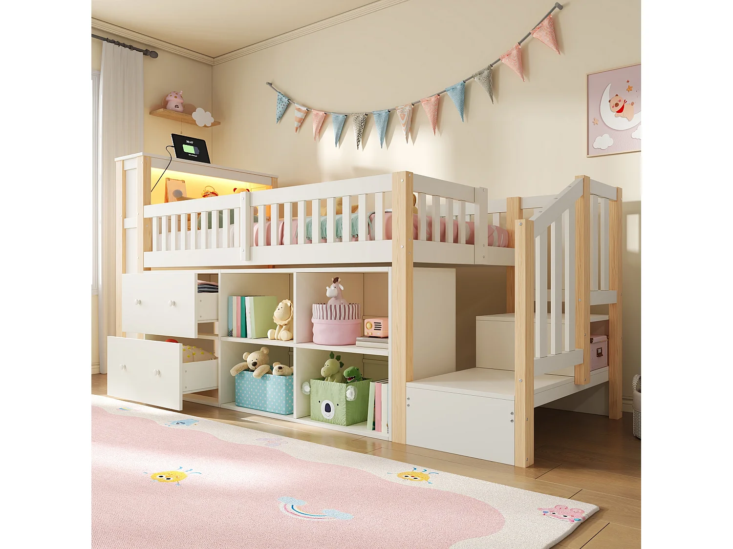 Lit enfant 90 x 200 cm - avec 2 tiroirs - avec compartiments de rangement - avec lumière LED - naturel (matelas non inclus)