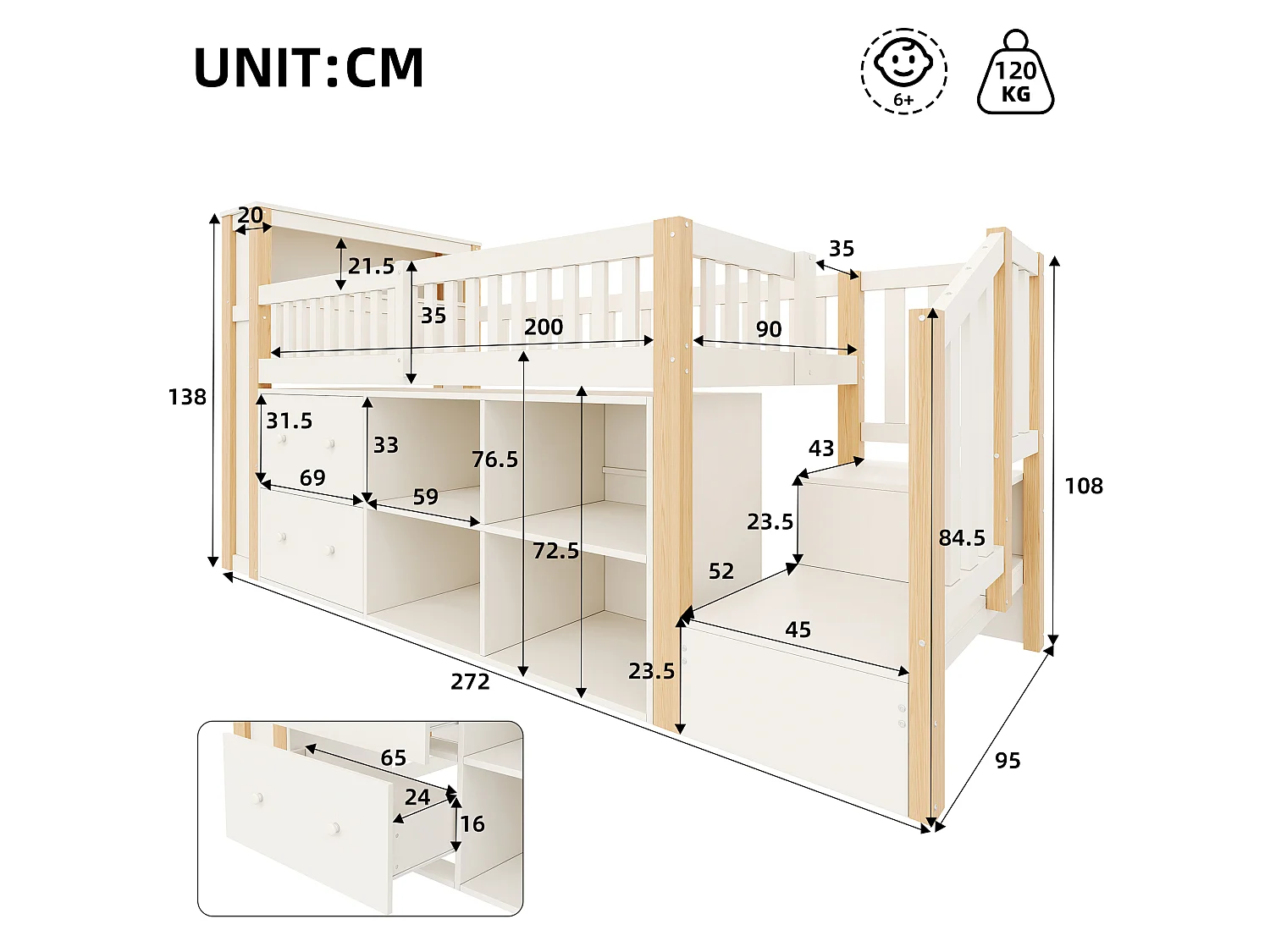 Lit enfant 90 x 200 cm - avec 2 tiroirs - avec compartiments de rangement - avec lumière LED - naturel (matelas non inclus)