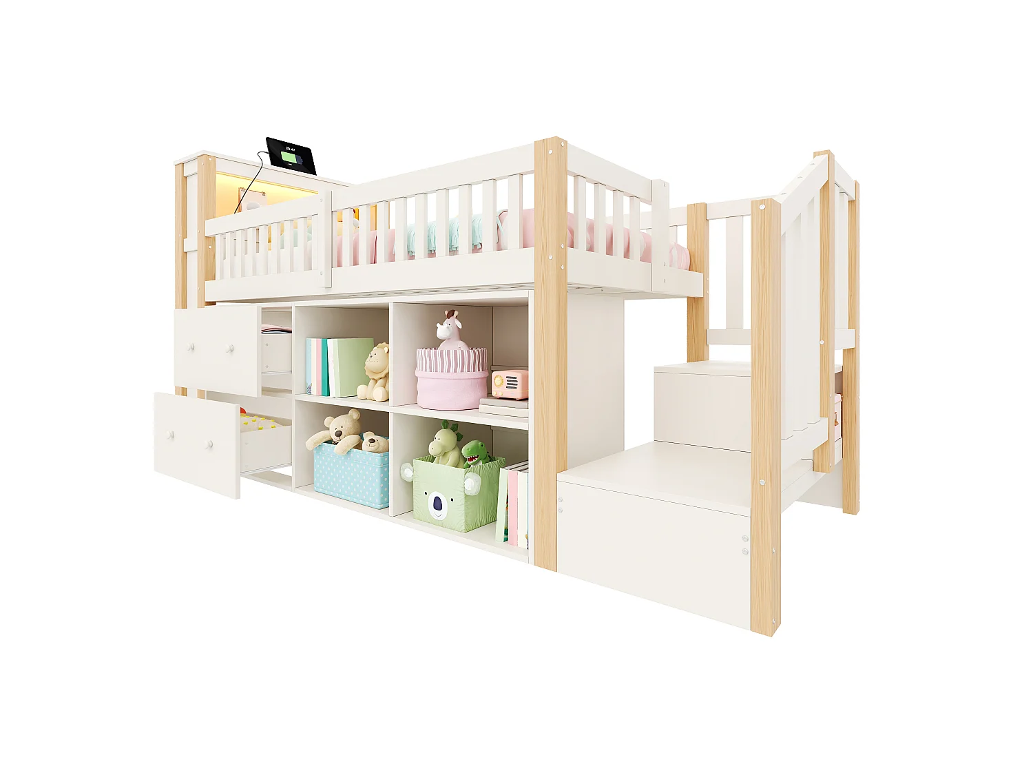 Lit enfant 90 x 200 cm - avec 2 tiroirs - avec compartiments de rangement - avec lumière LED - naturel (matelas non inclus)
