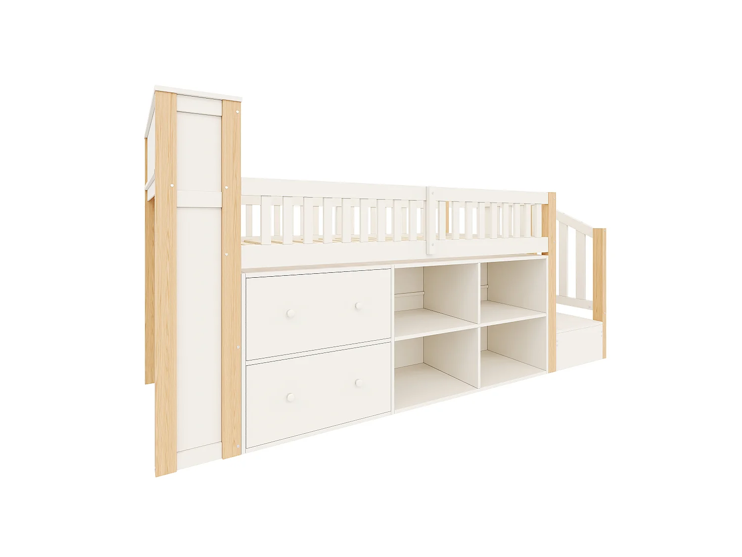 Lit enfant 90 x 200 cm - avec 2 tiroirs - avec compartiments de rangement - avec lumière LED - naturel (matelas non inclus)