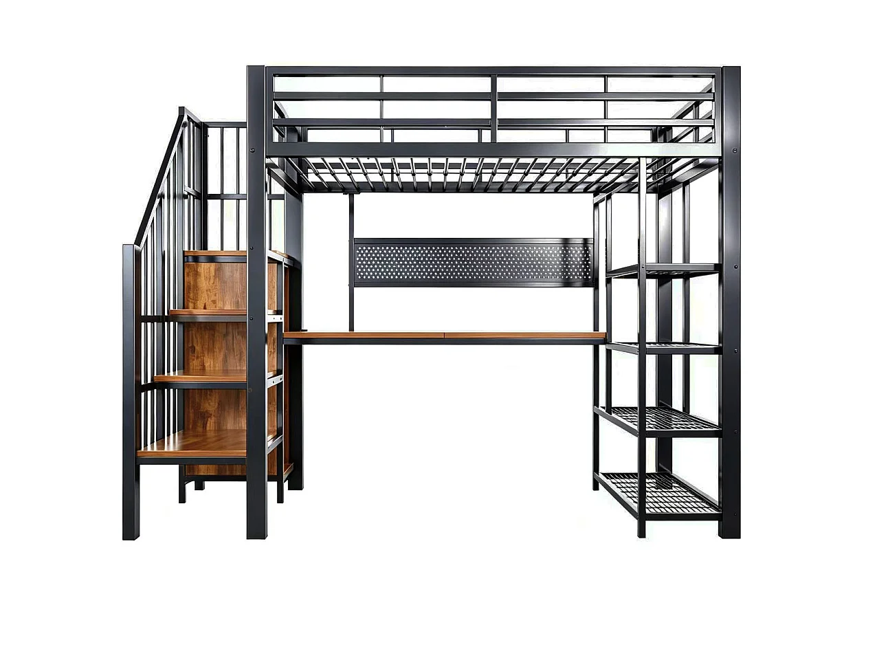 Lit mezzanine 90x200 cm avec bureau intégré, LED et prises - Lit enfant en métal et bois noir