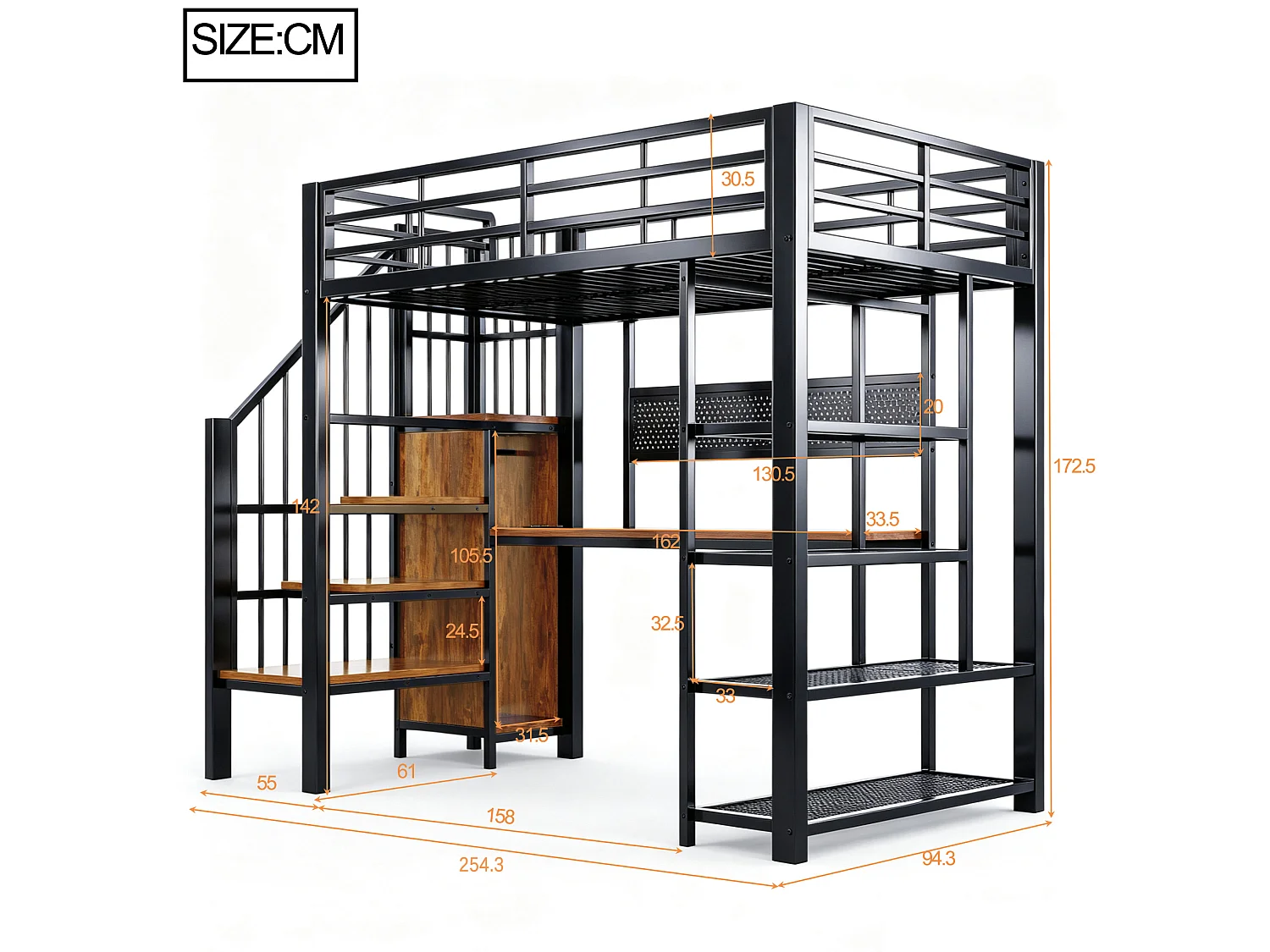 Lit mezzanine 90x200 cm avec bureau intégré, LED et prises - Lit enfant en métal et bois noir