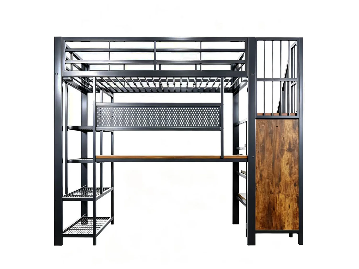 Lit mezzanine 90x200 cm avec bureau intégré, LED et prises - Lit enfant en métal et bois noir