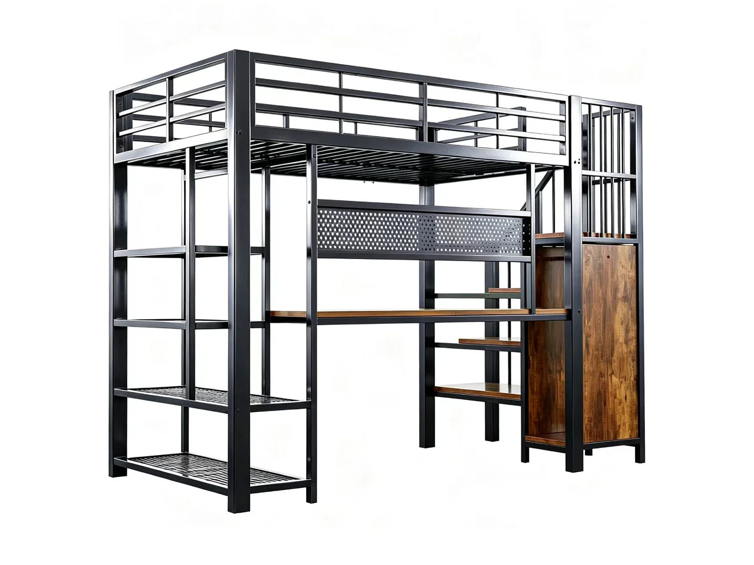 Lit mezzanine 90x200 cm avec bureau intégré, LED et prises - Lit enfant en métal et bois noir