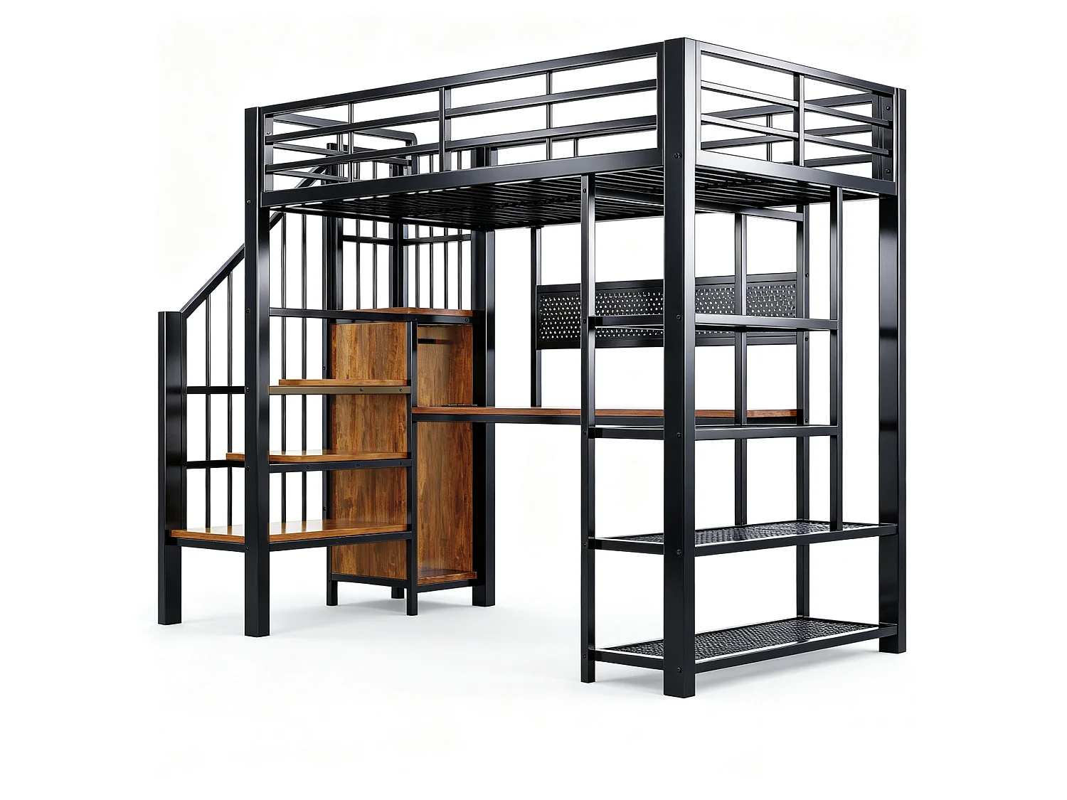 Lit mezzanine 90x200 cm avec bureau intégré, LED et prises - Lit enfant en métal et bois noir