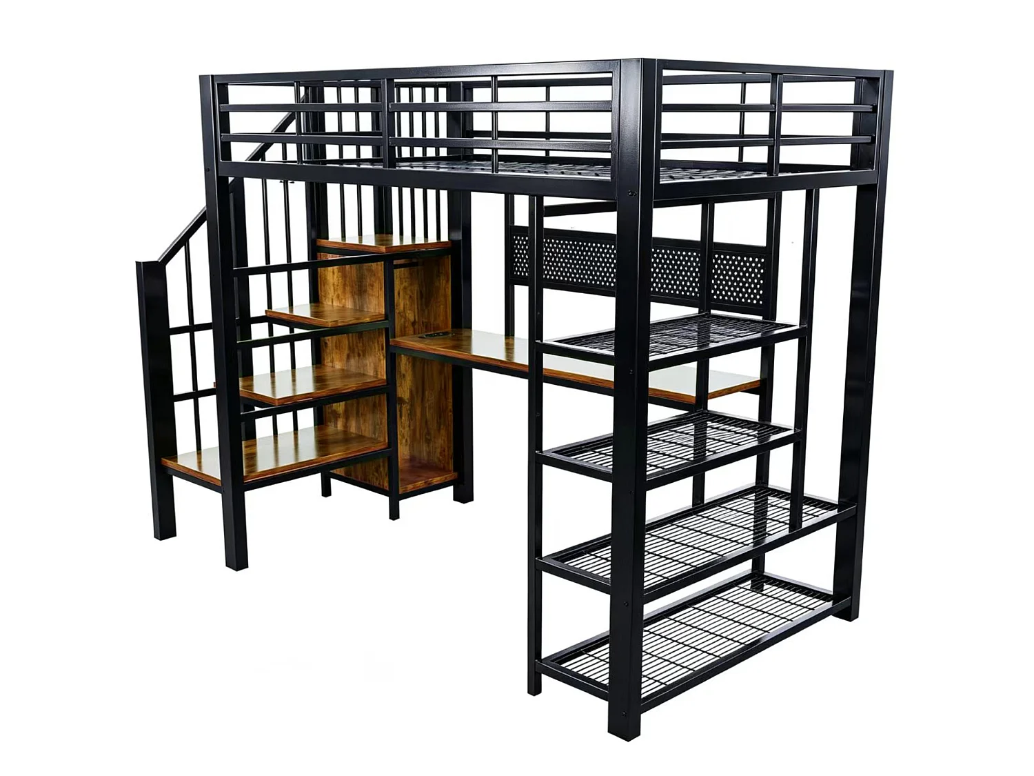 Lit mezzanine 90x200 cm avec bureau intégré, LED et prises - Lit enfant en métal et bois noir
