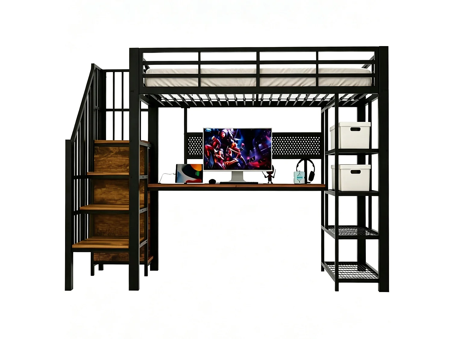 Lit mezzanine 90x200 cm avec bureau intégré, LED et prises - Lit enfant en métal et bois noir