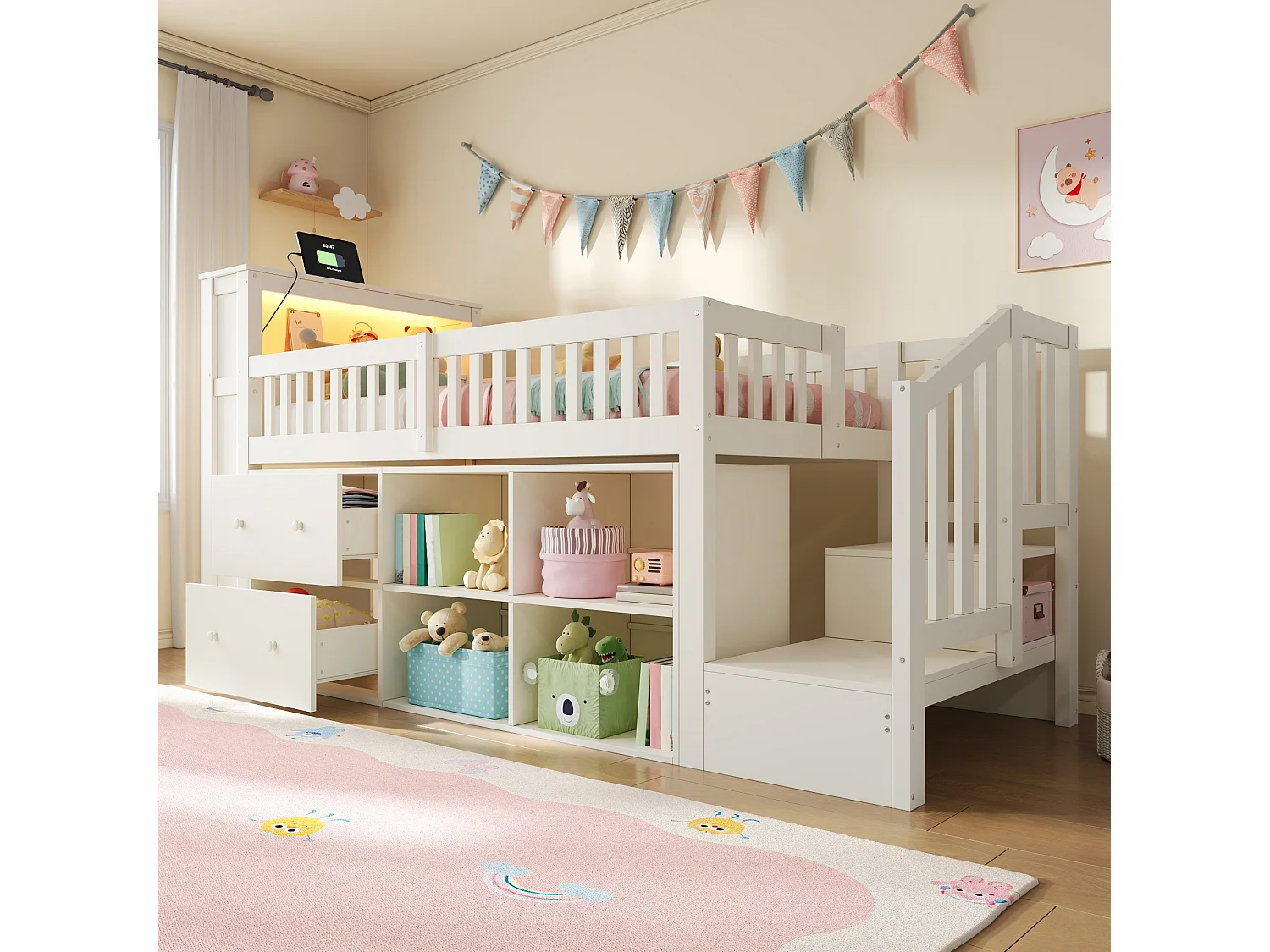 Lit enfant 90 x 200 cm - avec 2 tiroirs - avec compartiments de rangement - avec lumière LED - blanc (matelas non inclus)