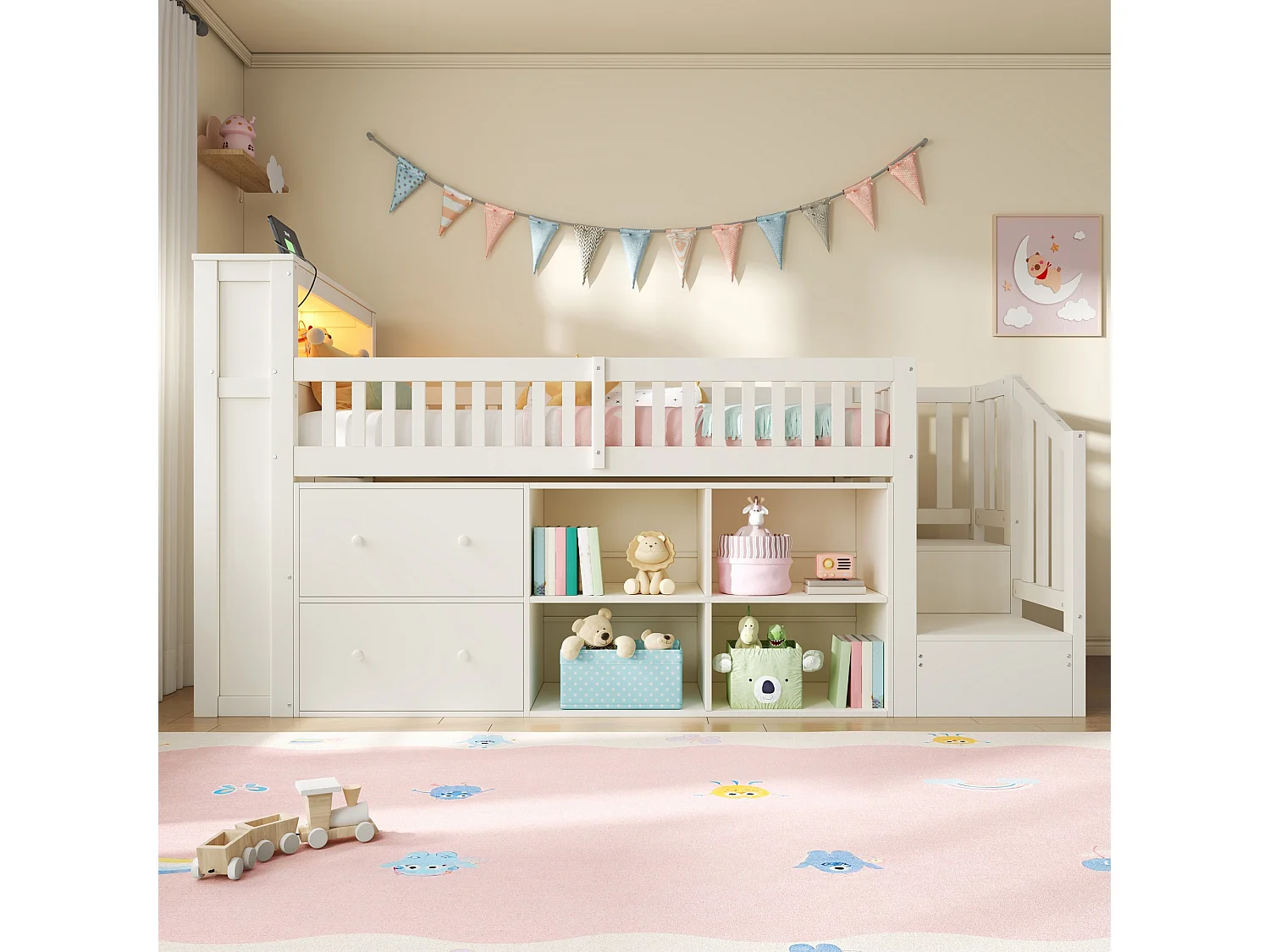 Lit enfant 90 x 200 cm - avec 2 tiroirs - avec compartiments de rangement - avec lumière LED - blanc (matelas non inclus)
