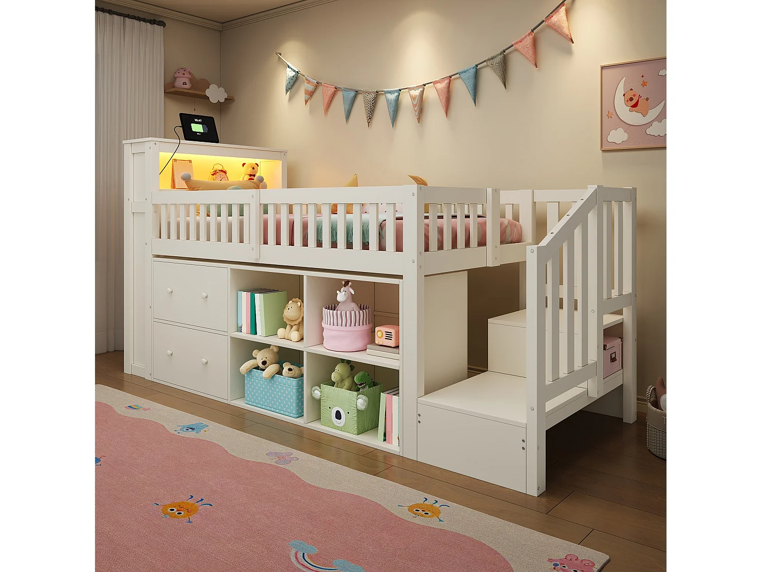 Lit enfant 90 x 200 cm - avec 2 tiroirs - avec compartiments de rangement - avec lumière LED - blanc (matelas non inclus)