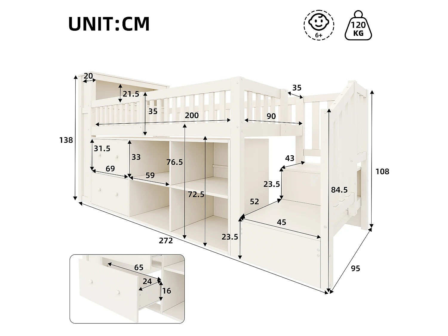 Lit enfant 90 x 200 cm - avec 2 tiroirs - avec compartiments de rangement - avec lumière LED - blanc (matelas non inclus)