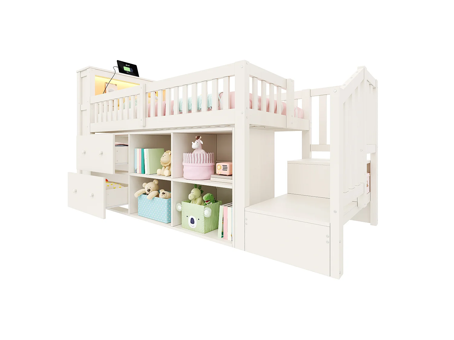 Lit enfant 90 x 200 cm - avec 2 tiroirs - avec compartiments de rangement - avec lumière LED - blanc (matelas non inclus)