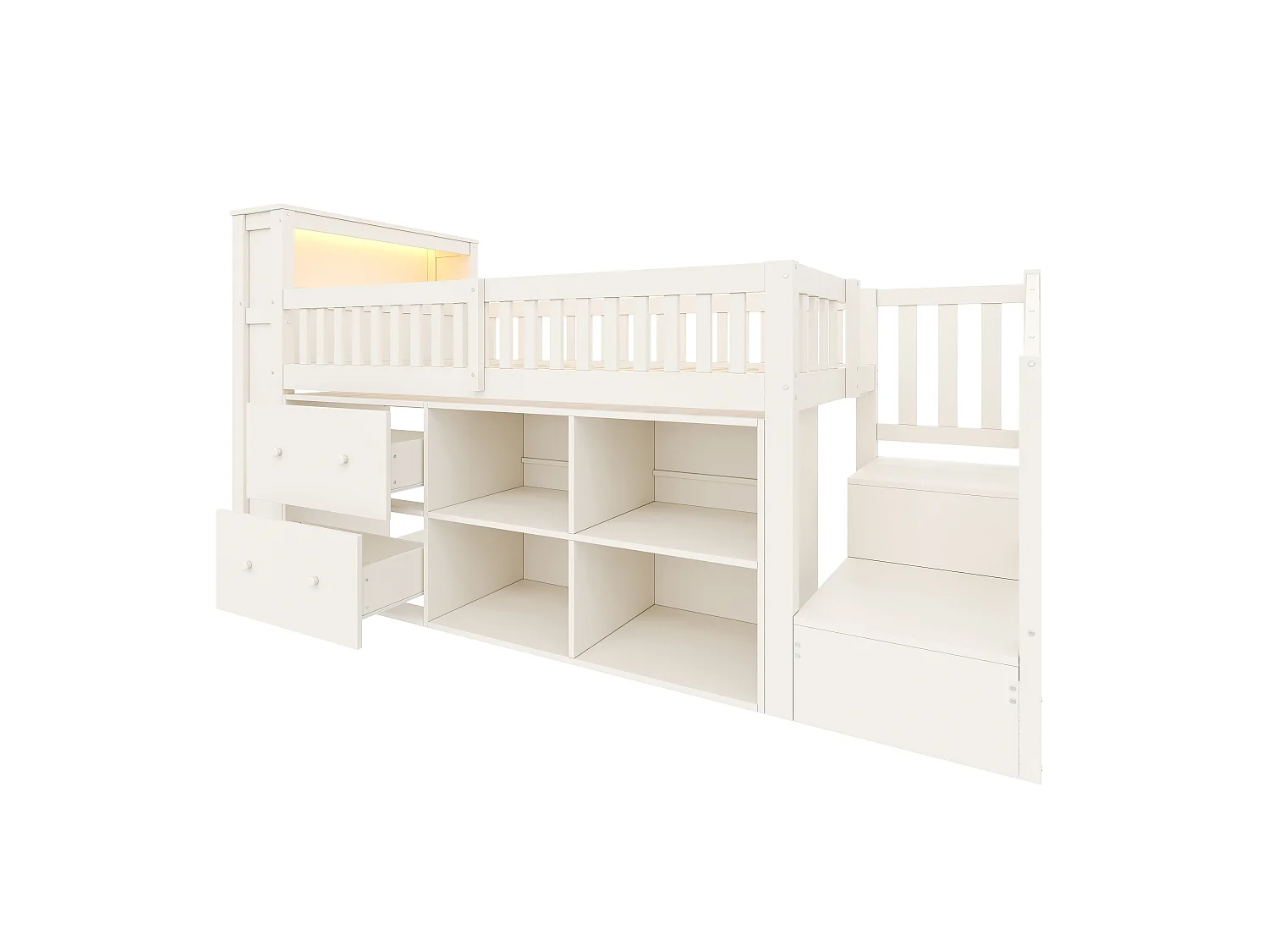 Lit enfant 90 x 200 cm - avec 2 tiroirs - avec compartiments de rangement - avec lumière LED - blanc (matelas non inclus)