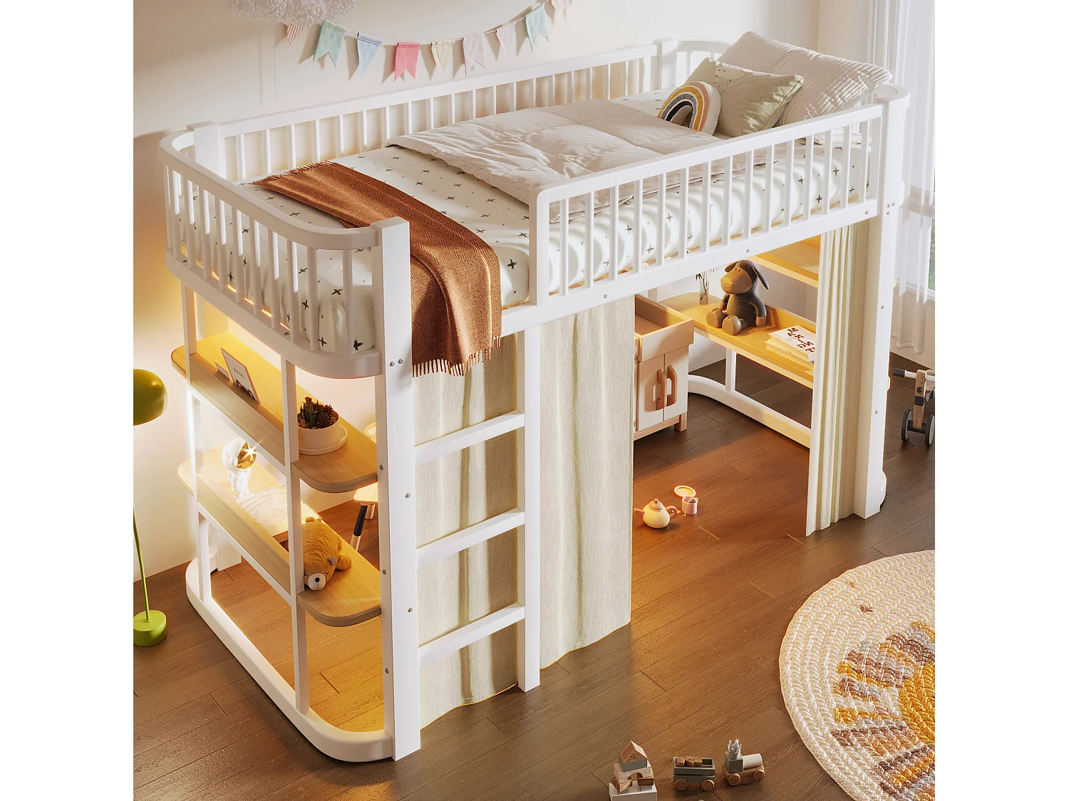 Lit mezzanine 90 x 200 cm - avec éclairage LED - avec rideaux occultants - blanc (matelas non inclus)