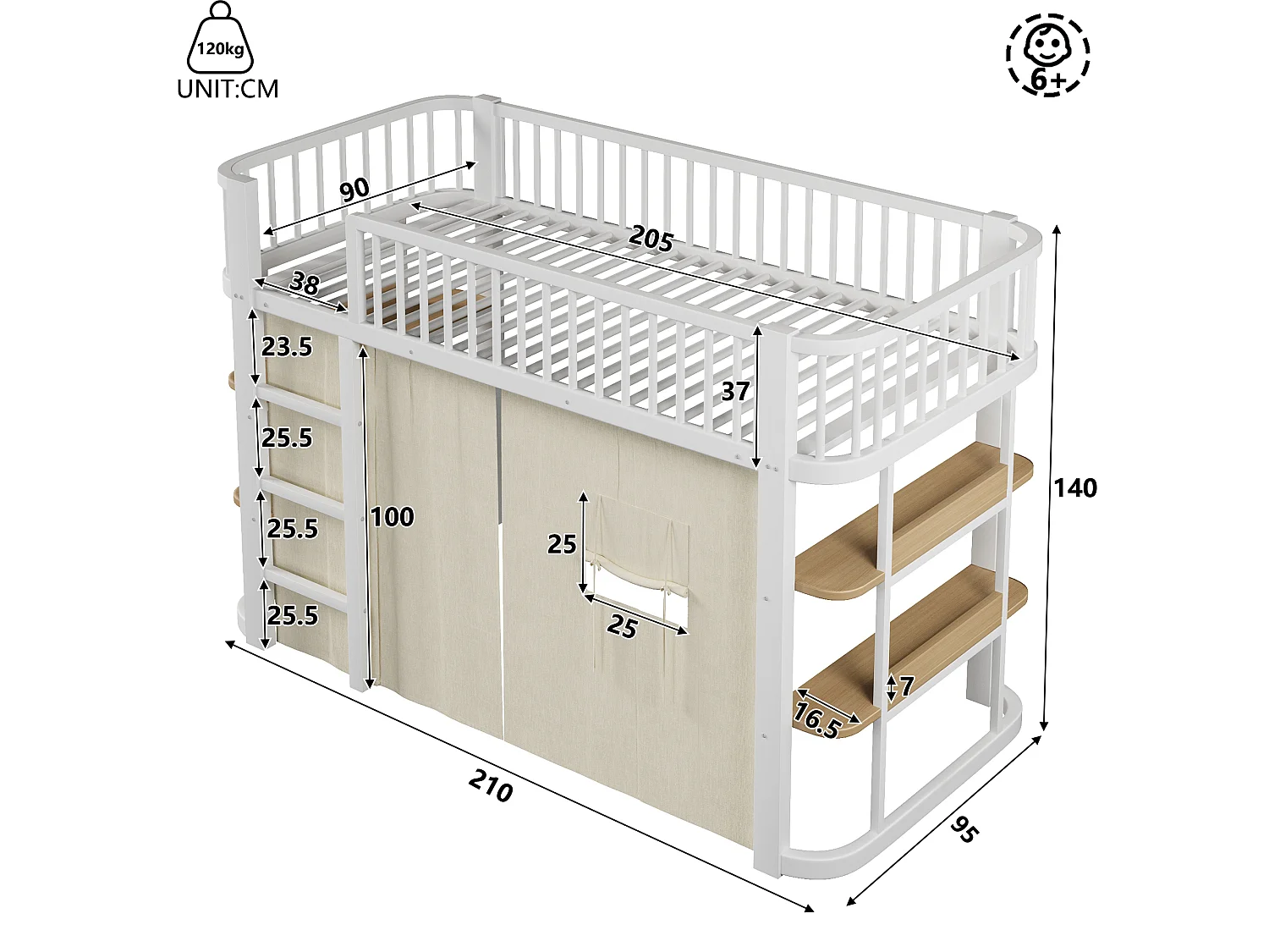 Lit mezzanine 90 x 200 cm - avec éclairage LED - avec rideaux occultants - blanc (matelas non inclus)