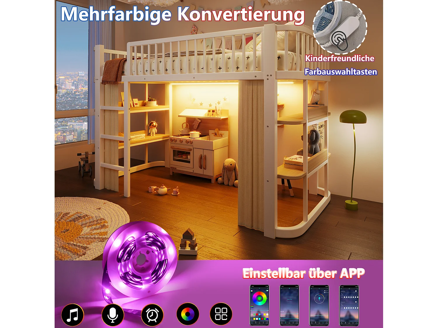 Lit mezzanine 90 x 200 cm - avec éclairage LED - avec rideaux occultants - blanc (matelas non inclus)
