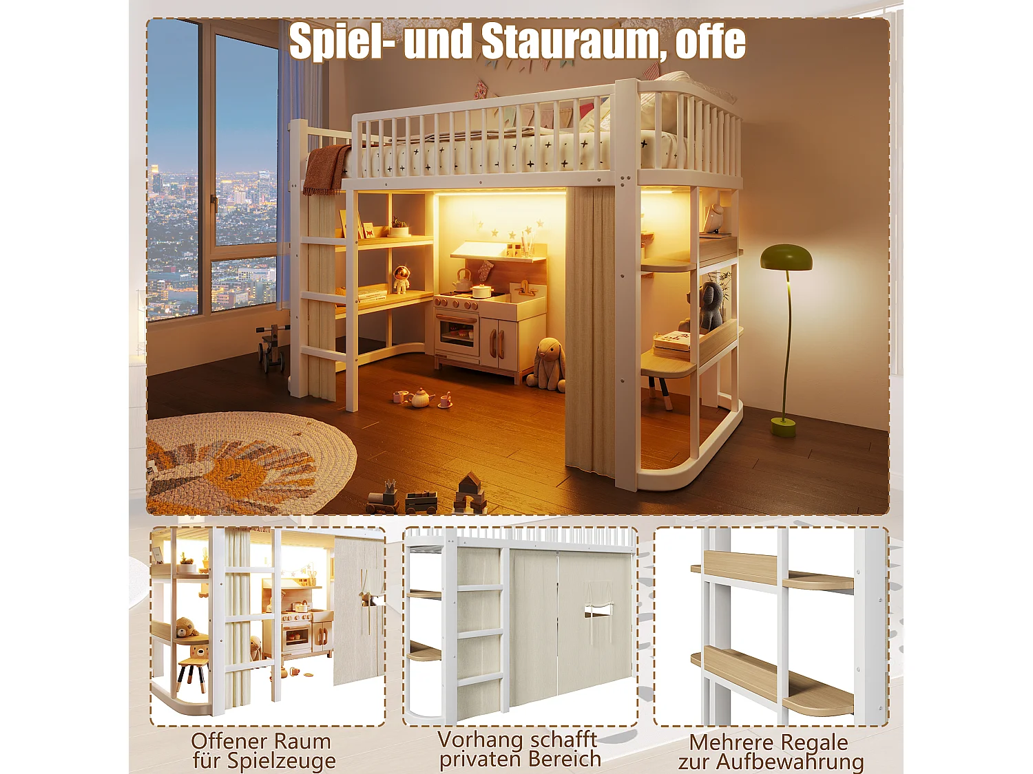 Lit mezzanine 90 x 200 cm - avec éclairage LED - avec rideaux occultants - blanc (matelas non inclus)