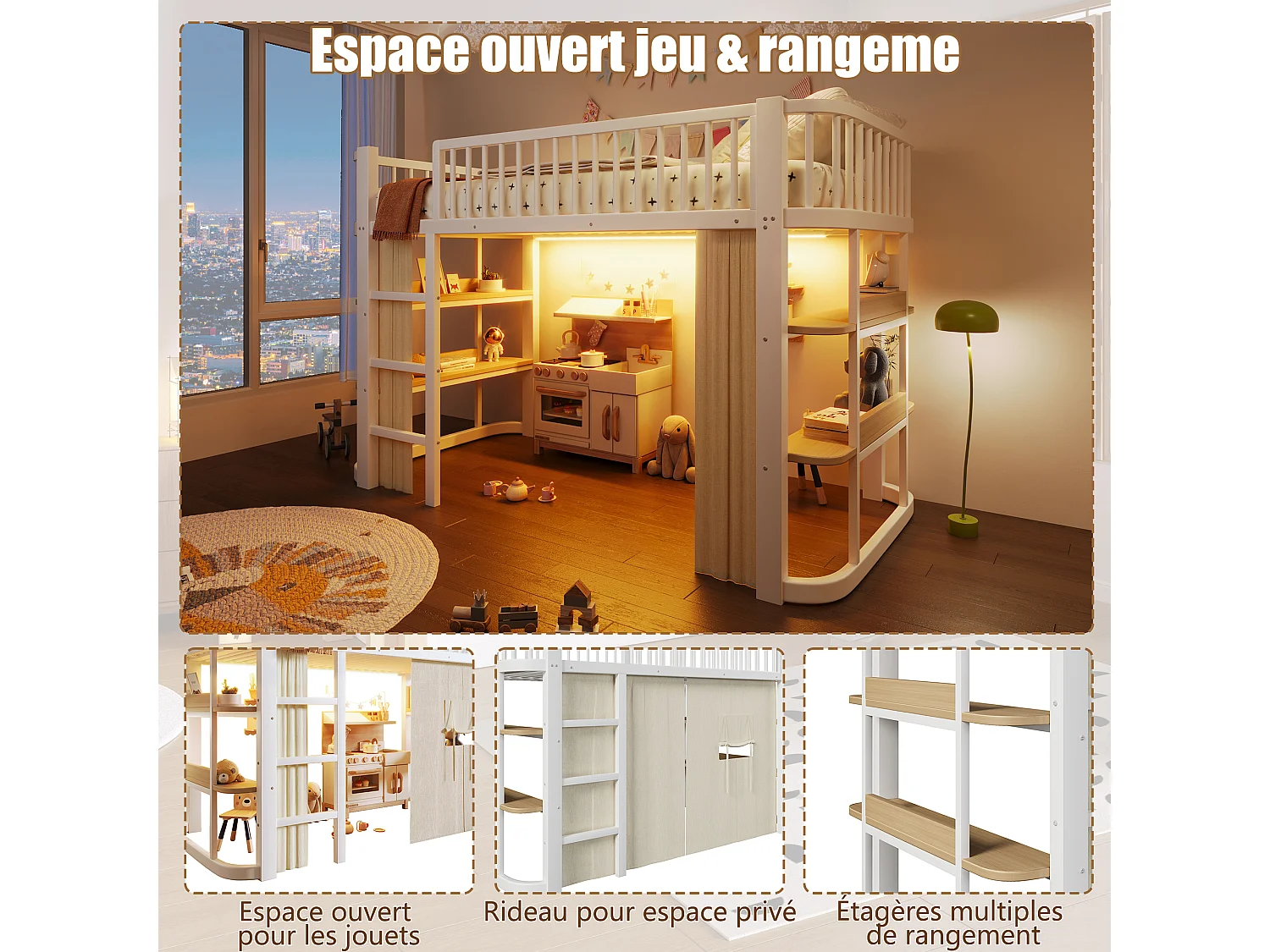Lit mezzanine 90 x 200 cm - avec éclairage LED - avec rideaux occultants - blanc (matelas non inclus)