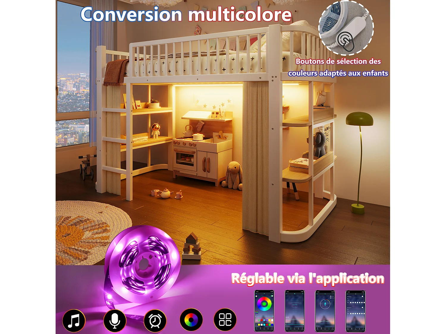 Lit mezzanine 90 x 200 cm - avec éclairage LED - avec rideaux occultants - blanc (matelas non inclus)