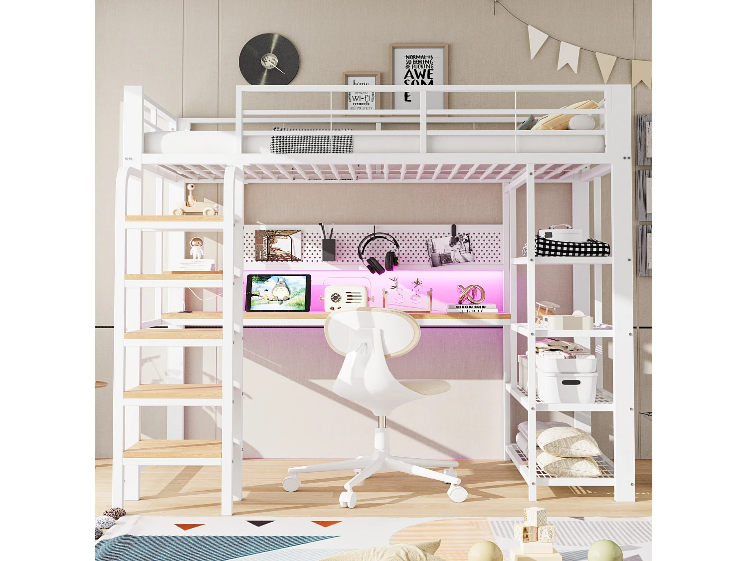 Lit mezzanine enfant 90x200 cm avec bureau, prises et LED - Lit en métal et bois blanc