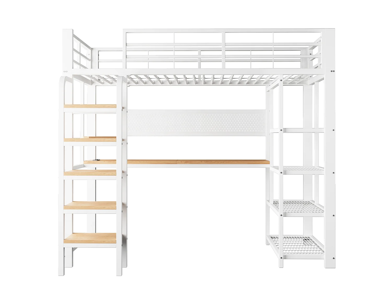 Lit mezzanine enfant 90x200 cm avec bureau, prises et LED - Lit en métal et bois blanc