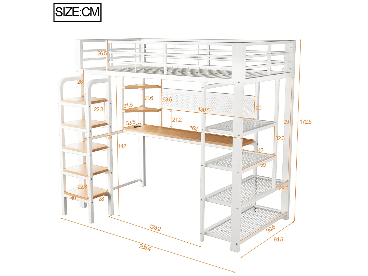 Lit mezzanine enfant 90x200 cm avec bureau, prises et LED - Lit en métal et bois blanc