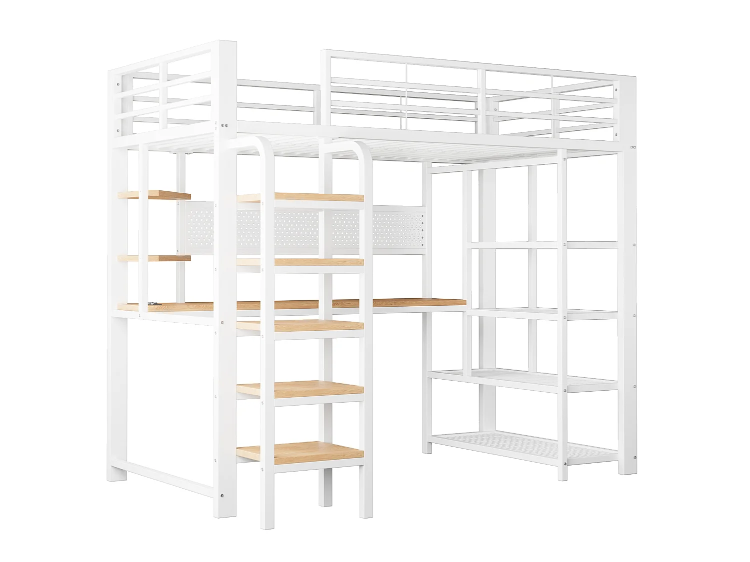 Lit mezzanine enfant 90x200 cm avec bureau, prises et LED - Lit en métal et bois blanc