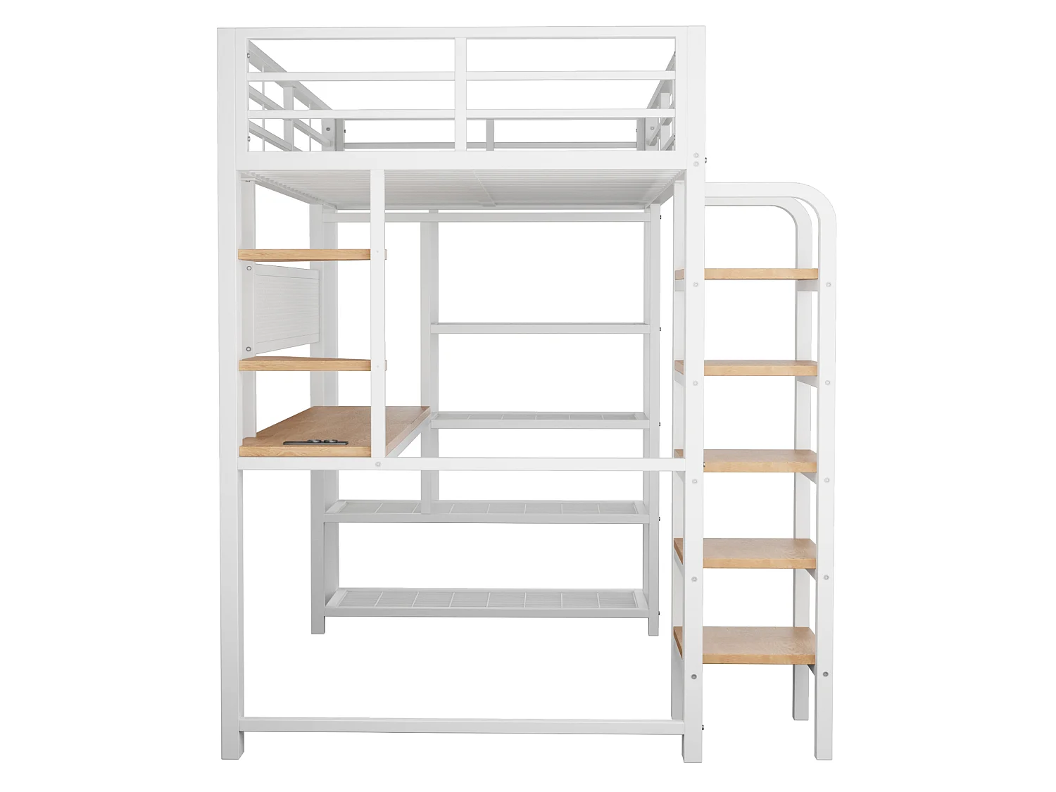 Lit mezzanine enfant 90x200 cm avec bureau, prises et LED - Lit en métal et bois blanc