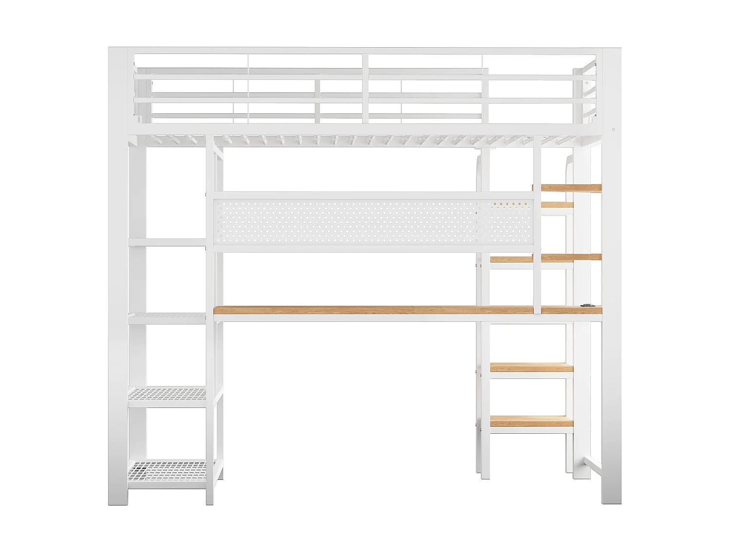 Lit mezzanine enfant 90x200 cm avec bureau, prises et LED - Lit en métal et bois blanc