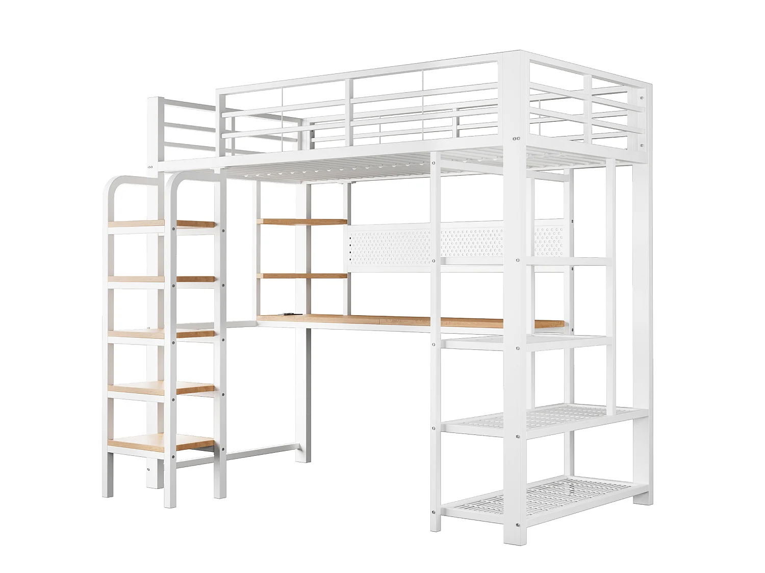 Lit mezzanine enfant 90x200 cm avec bureau, prises et LED - Lit en métal et bois blanc