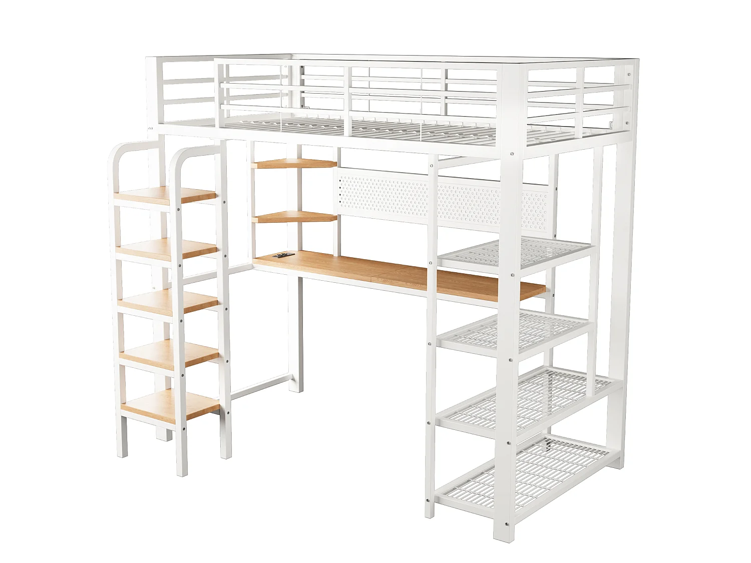 Lit mezzanine enfant 90x200 cm avec bureau, prises et LED - Lit en métal et bois blanc