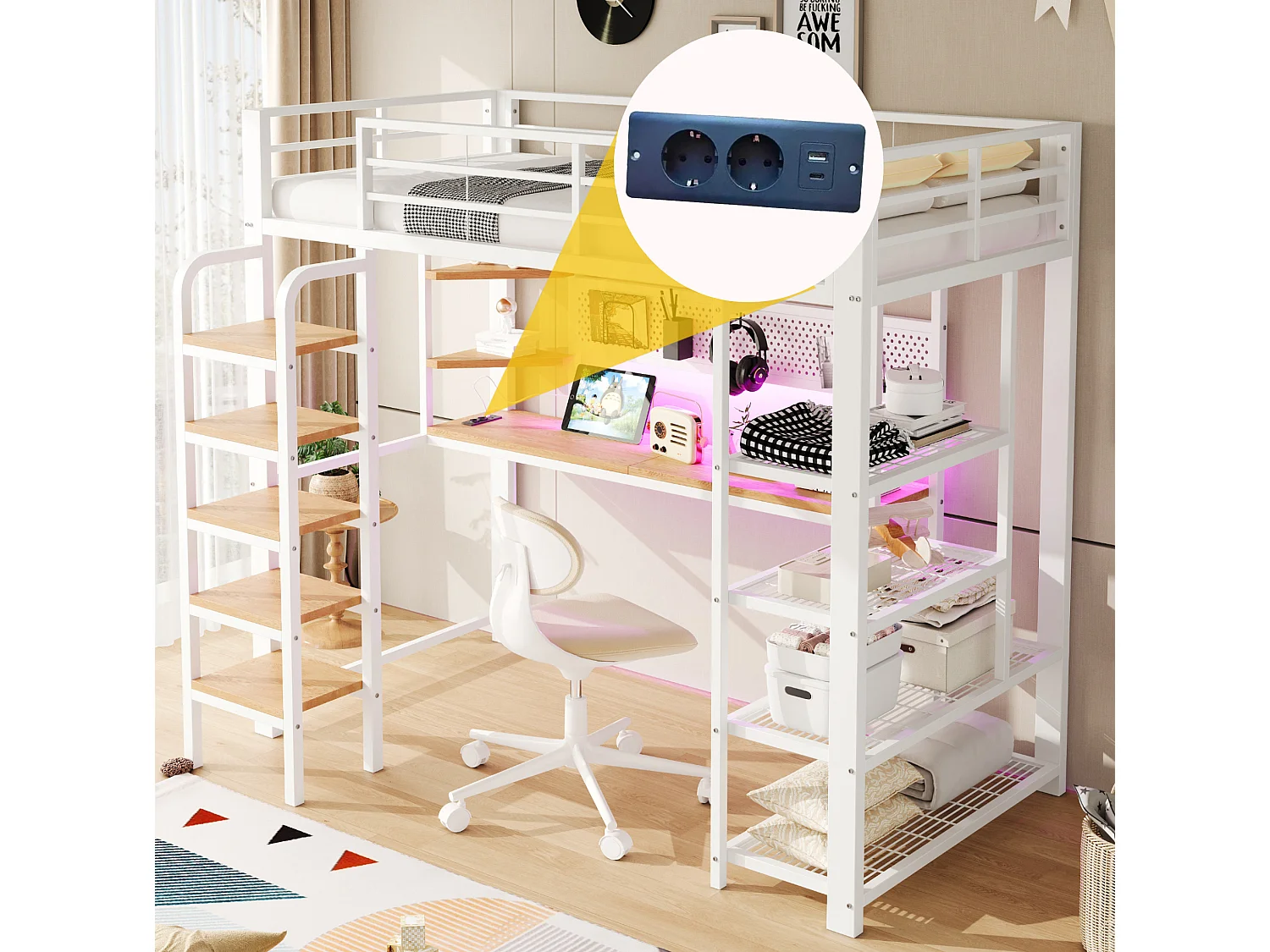 Lit mezzanine enfant 90x200 cm avec bureau, prises et LED - Lit en métal et bois blanc