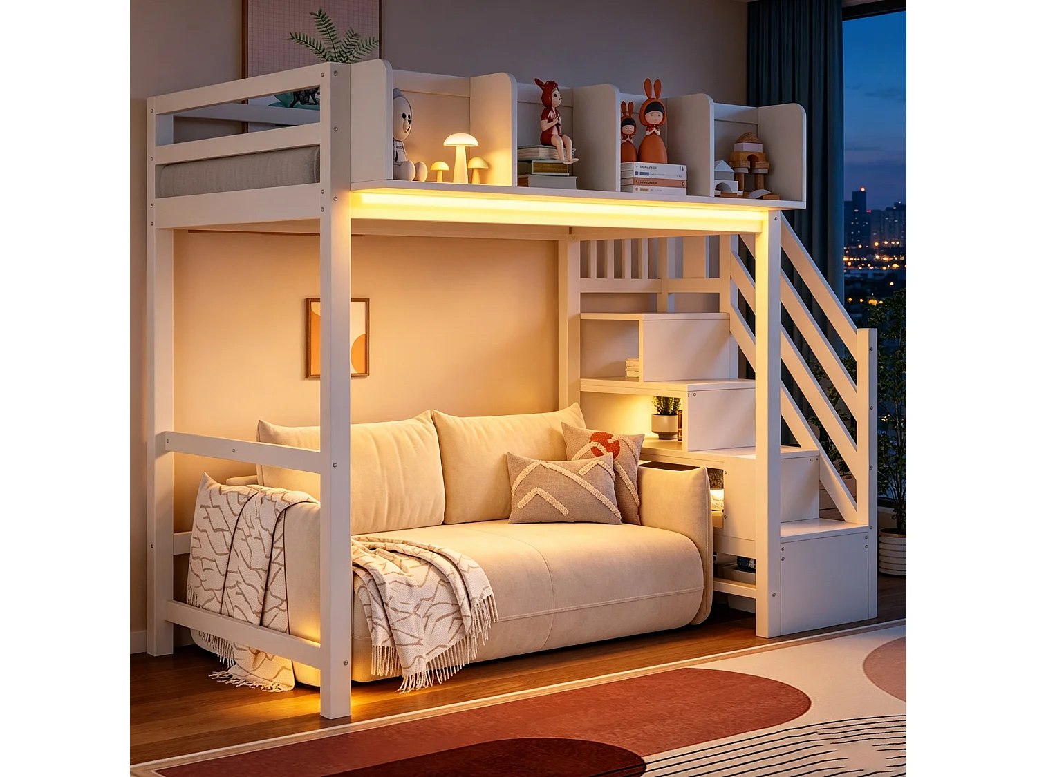 Lit mezzanine 90x200 cm avec LED, étagères et escalier de rangement - Blanc