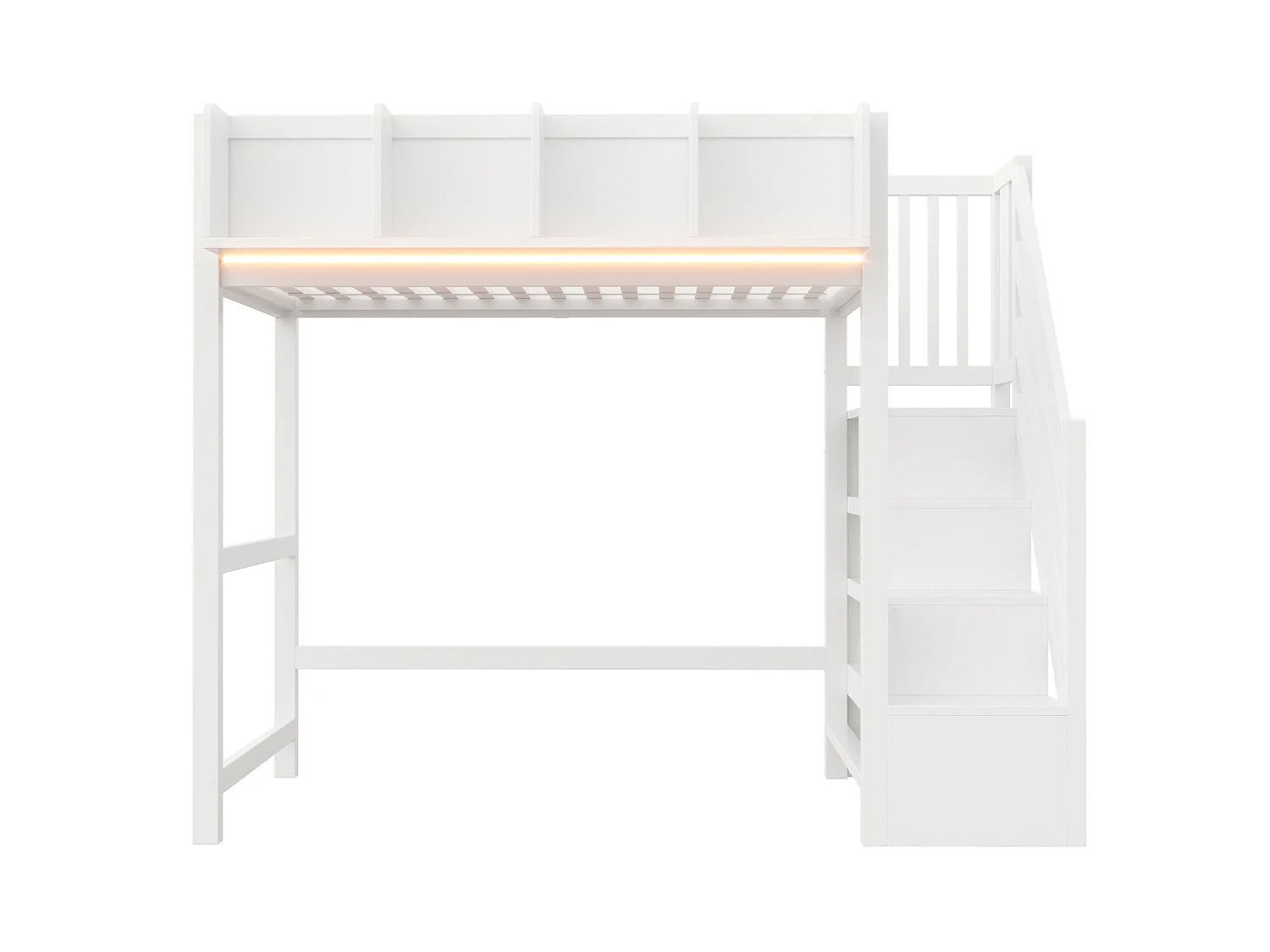 Lit mezzanine 90x200 cm avec LED, étagères et escalier de rangement - Blanc