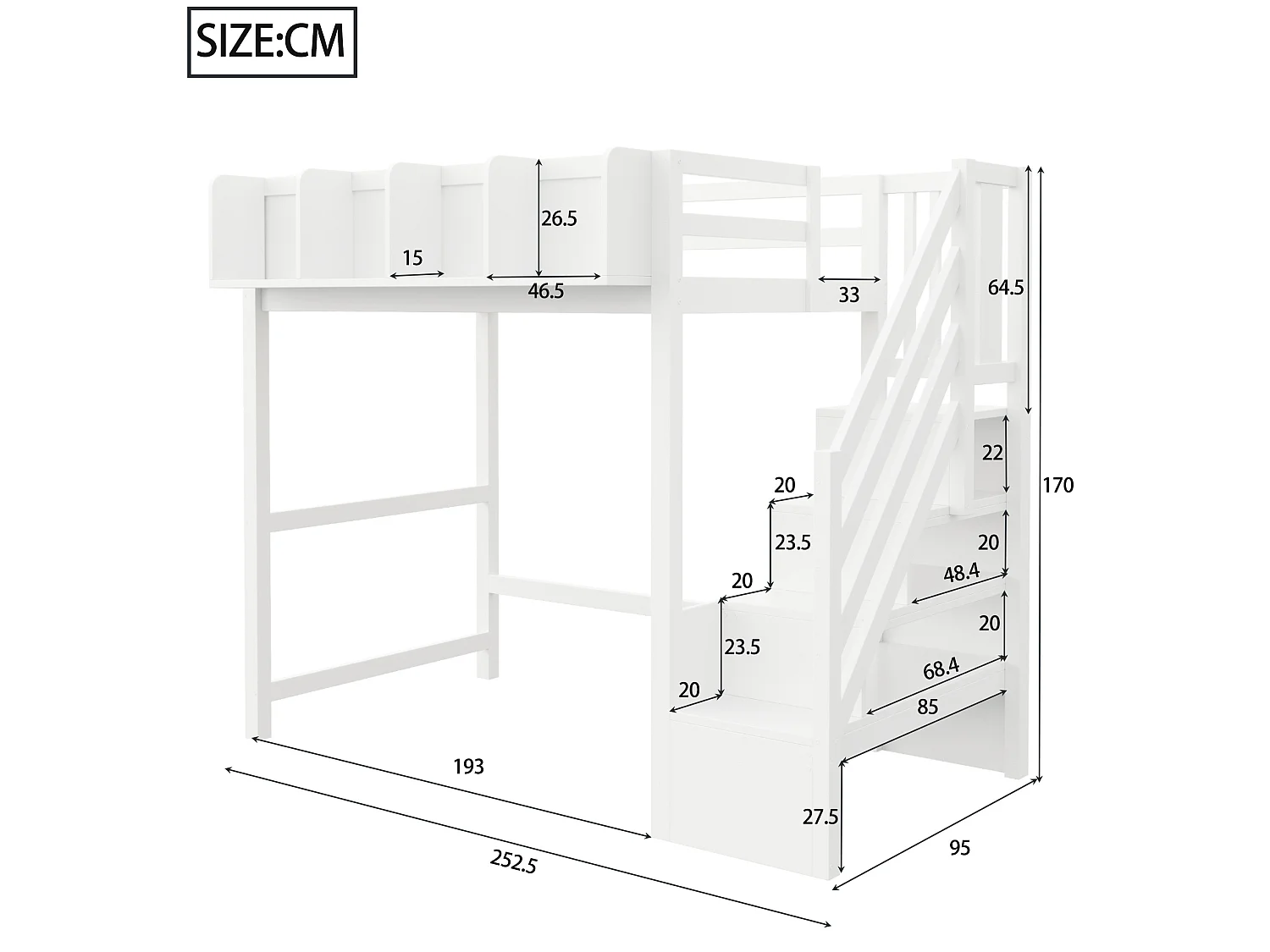 Lit mezzanine 90x200 cm avec LED, étagères et escalier de rangement - Blanc