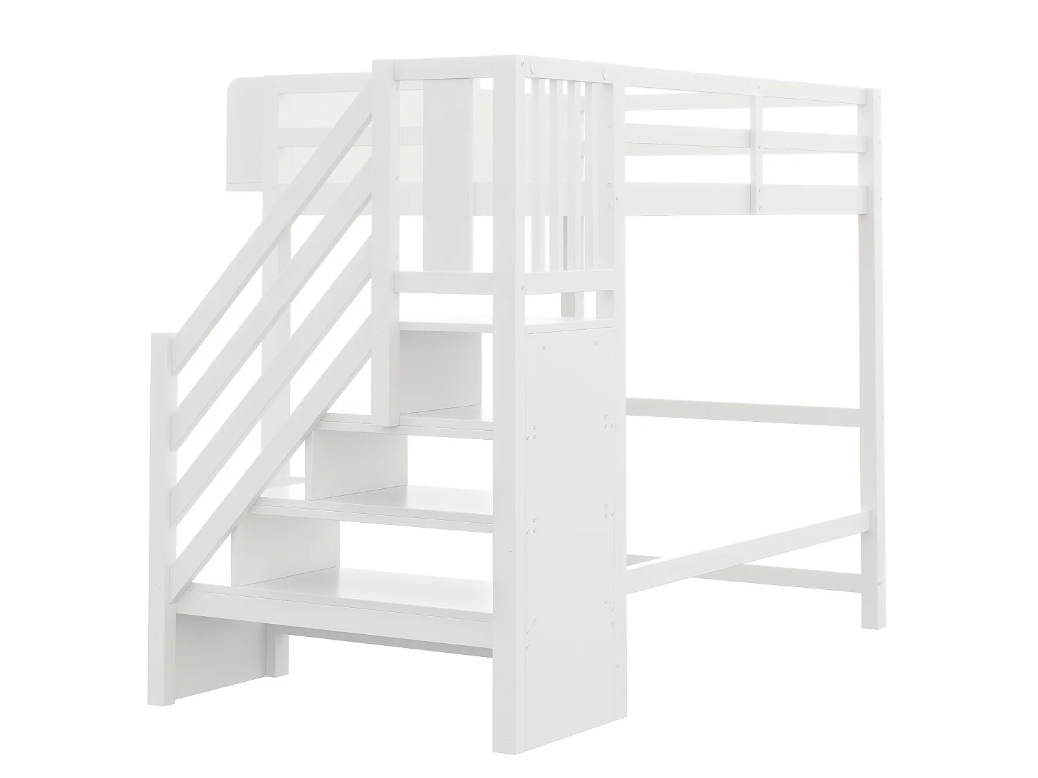Lit mezzanine 90x200 cm avec LED, étagères et escalier de rangement - Blanc