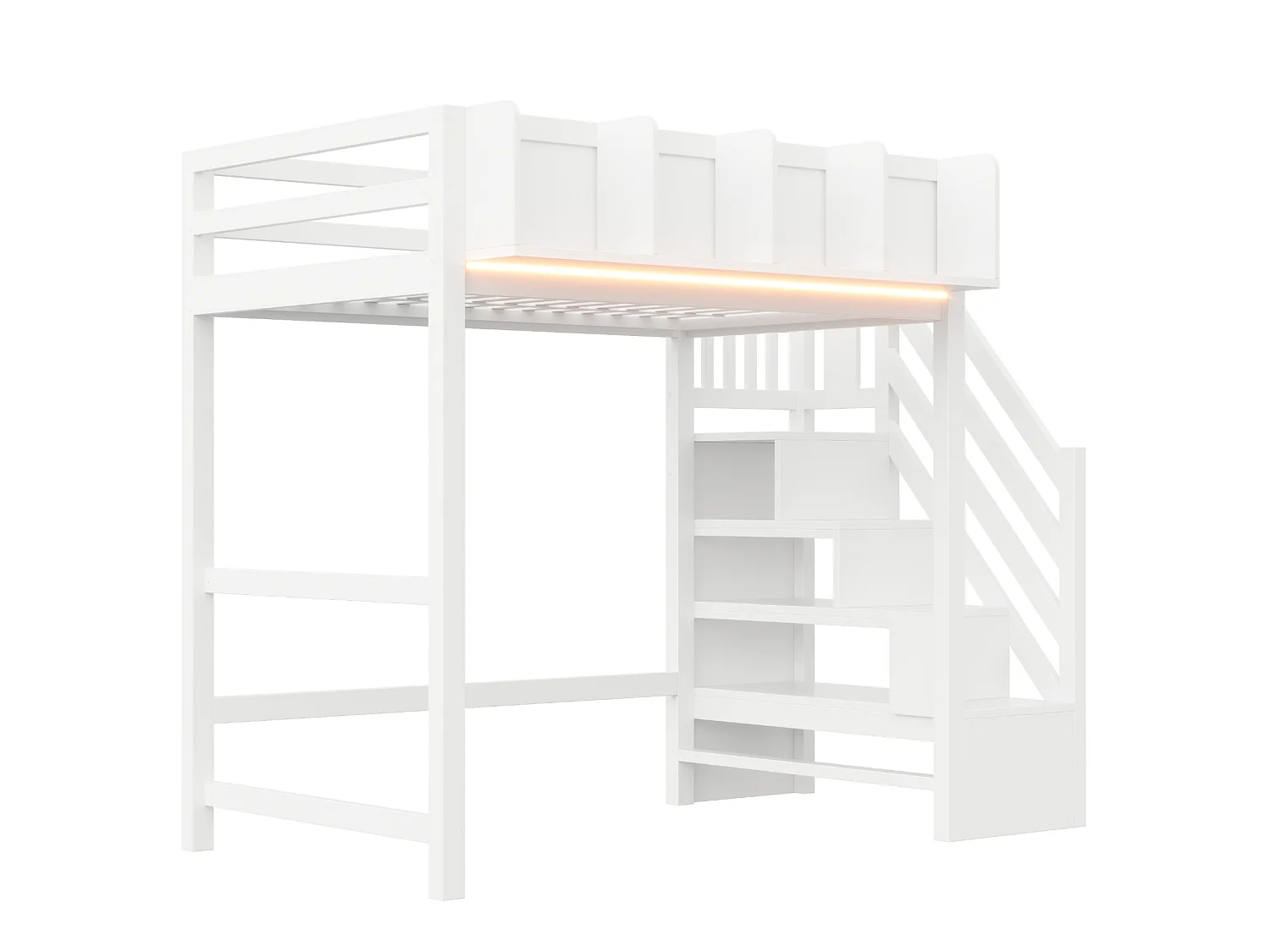 Lit mezzanine 90x200 cm avec LED, étagères et escalier de rangement - Blanc