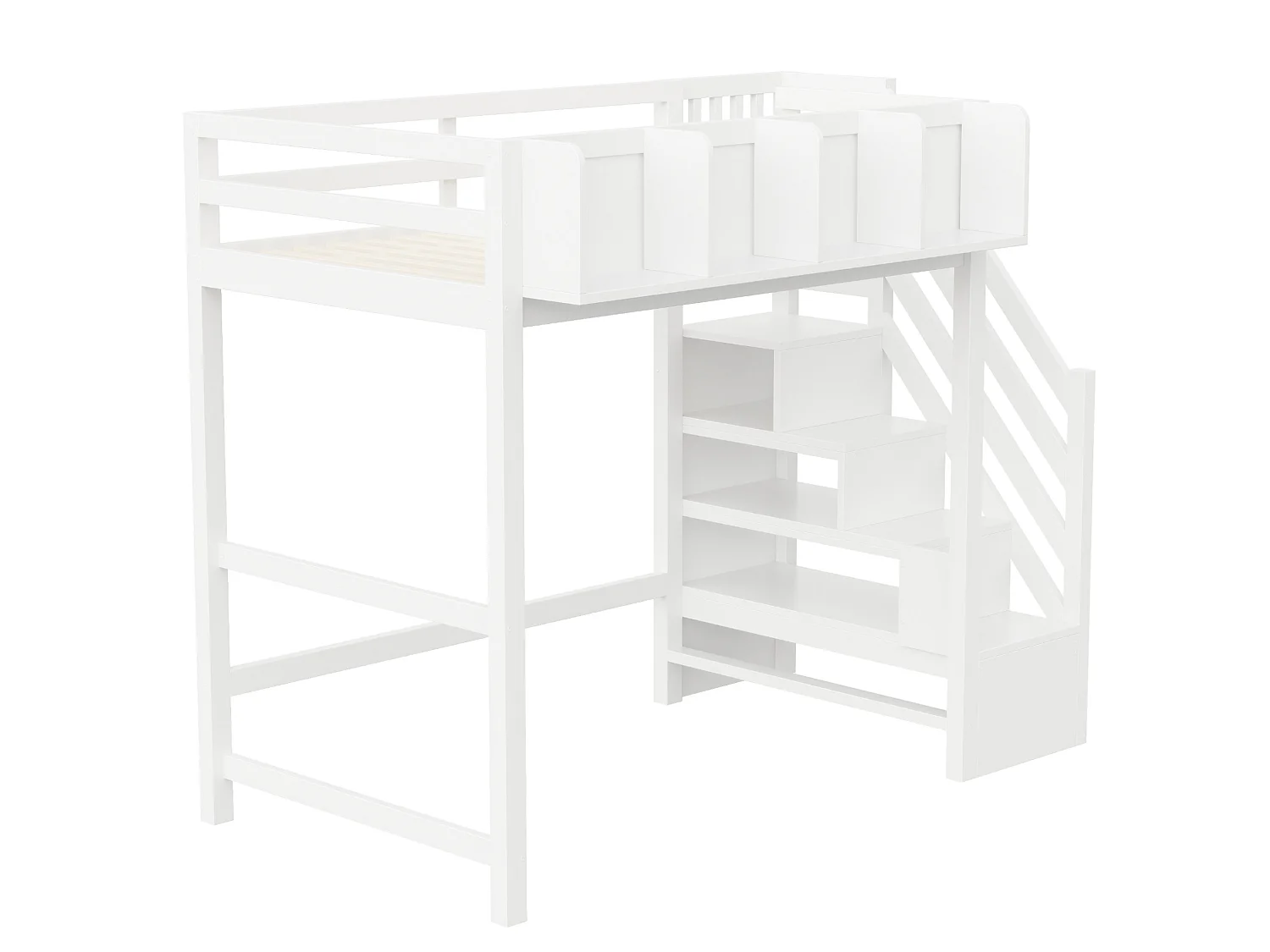 Lit mezzanine 90x200 cm avec LED, étagères et escalier de rangement - Blanc