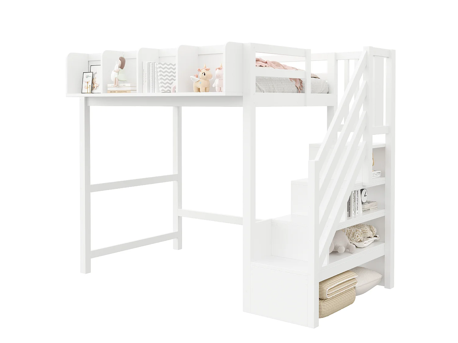 Lit mezzanine 90x200 cm avec LED, étagères et escalier de rangement - Blanc