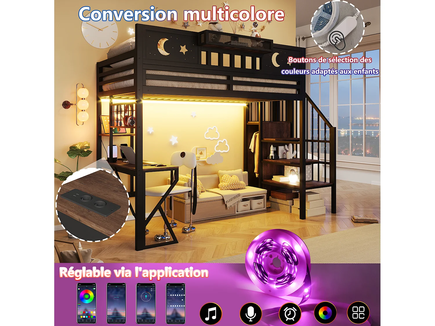 Hochbett 90 x 200 cm - Eisenstruktur - Mehrstufige Regale - USB-Anschluss - Sicherheitsbarriere - LED-Beleuchtung - Schwarz (Matratze nicht enthalten)