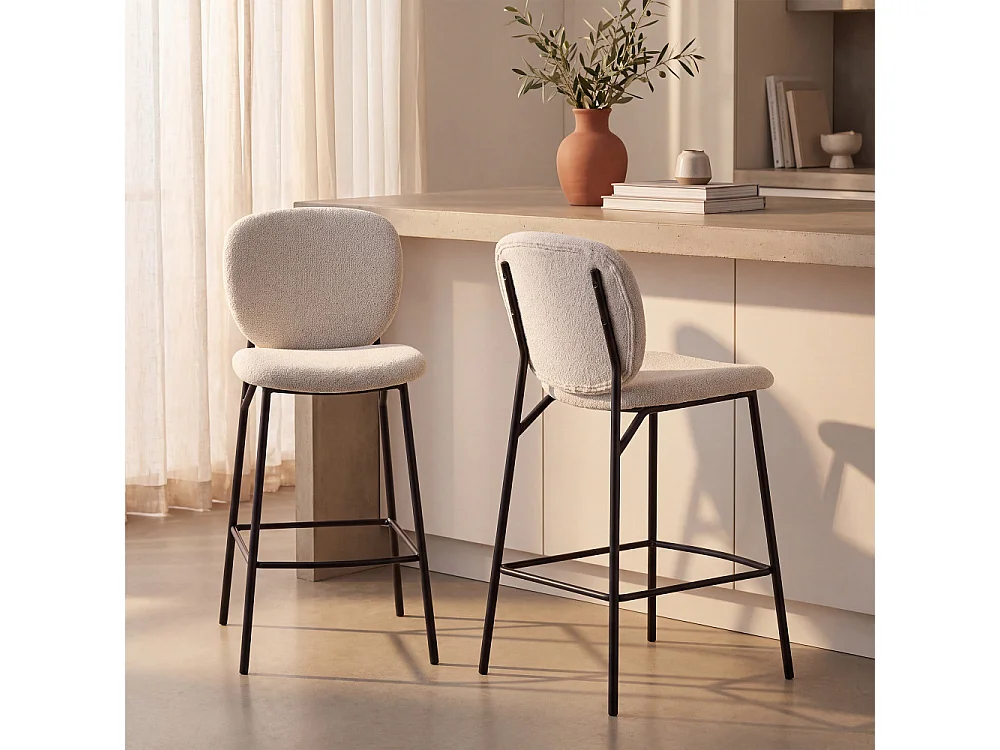 Dalby - Lot de 2 tabourets de bar en tissu bouclette et métal H65cm - Écru chiné