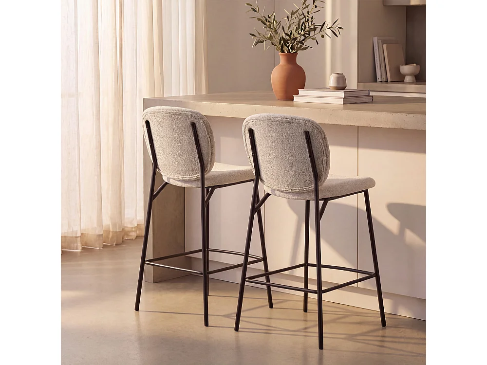 Dalby - Lot de 2 tabourets de bar en tissu bouclette et métal H65cm - Écru chiné