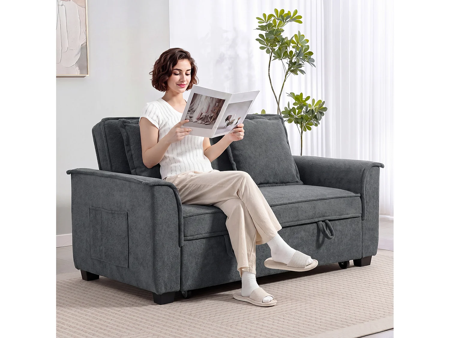 Canapé convertible 2 places 2 coussins chenille gris foncé