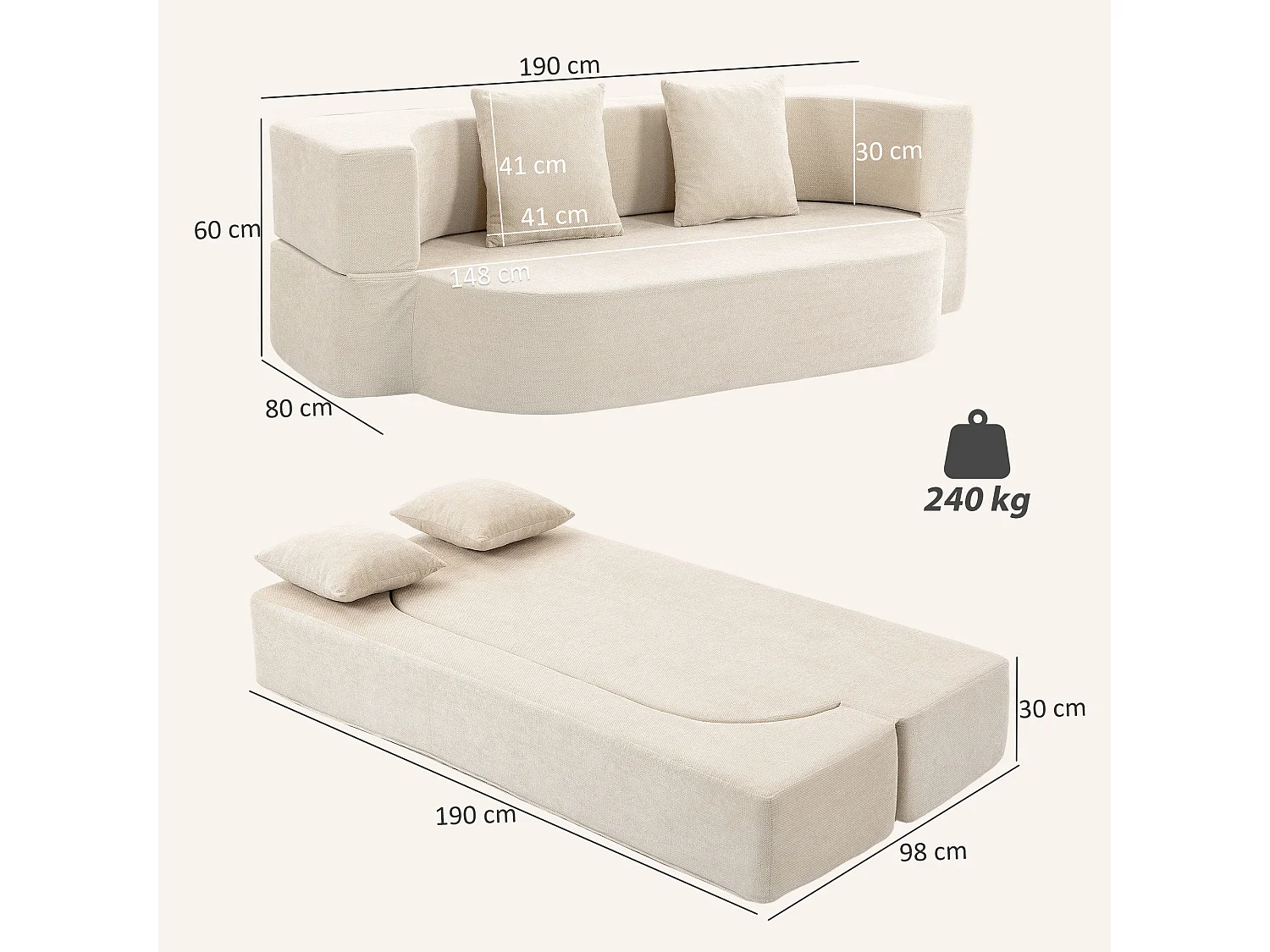 Canapé convertible design 2 places 2 coussins tissu chenille beige