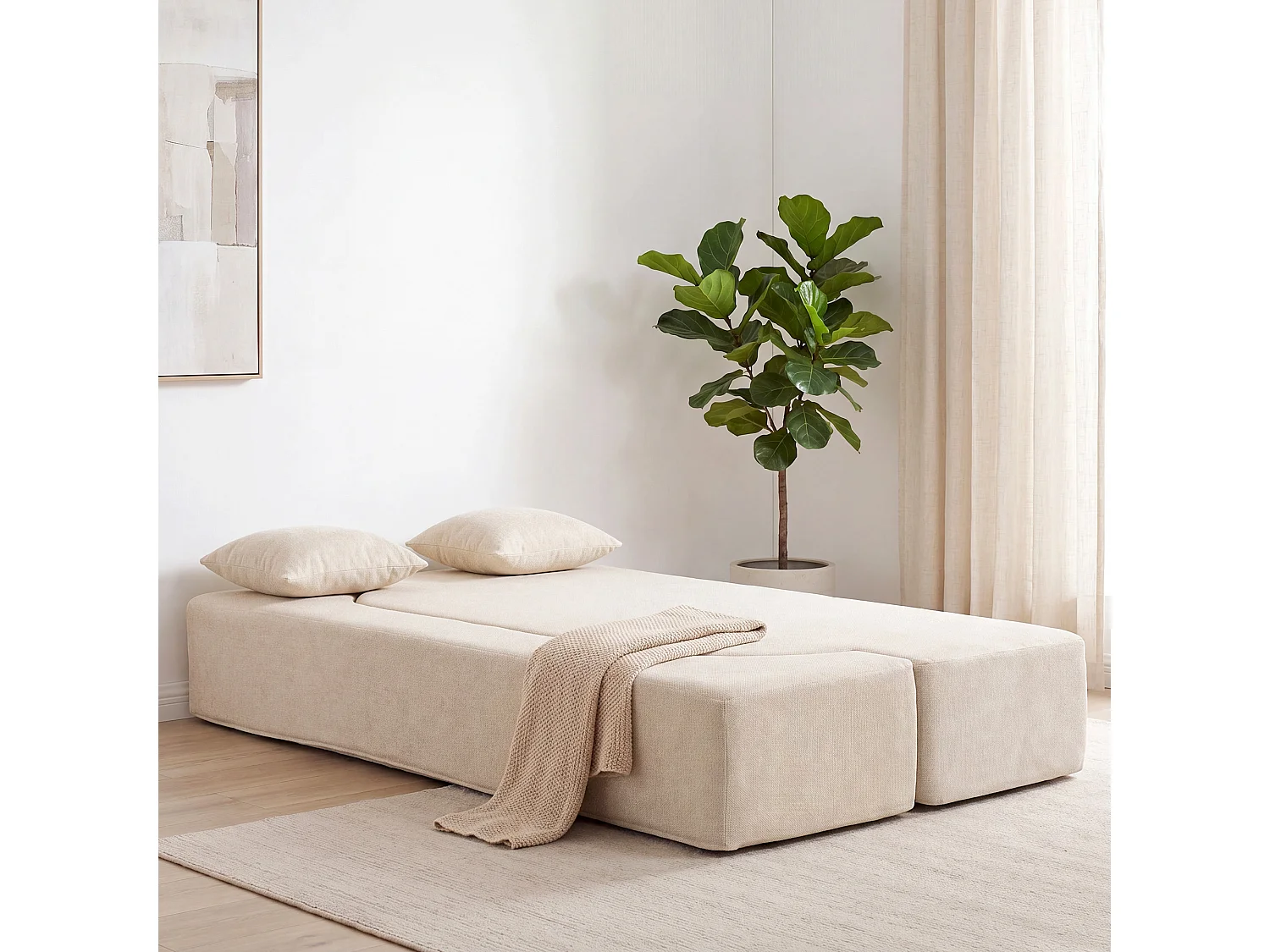 Canapé convertible design 2 places 2 coussins tissu chenille beige