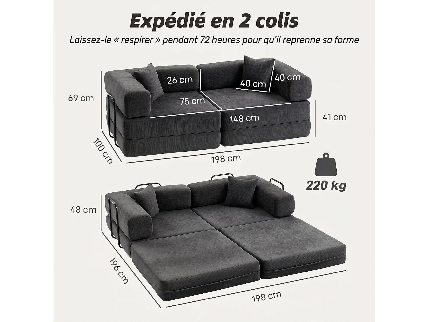 Canapé convertible 2 places tissu chenille anthracite