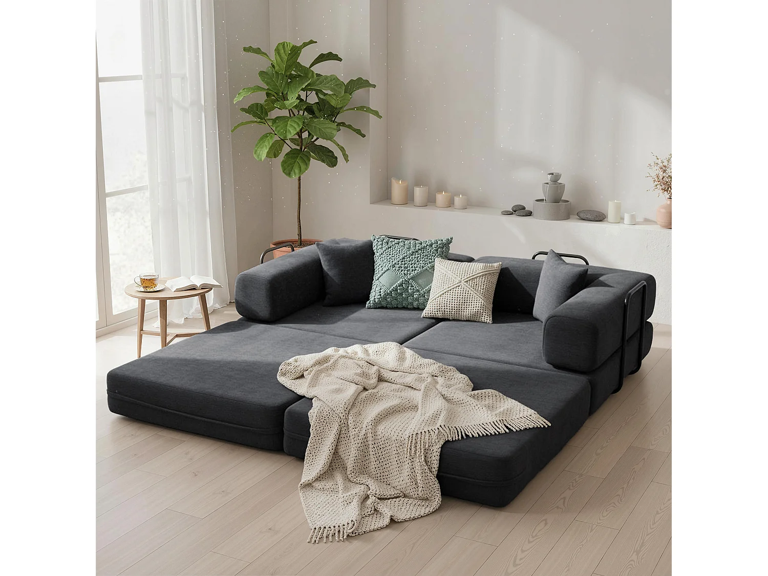 Canapé convertible 2 places tissu chenille anthracite