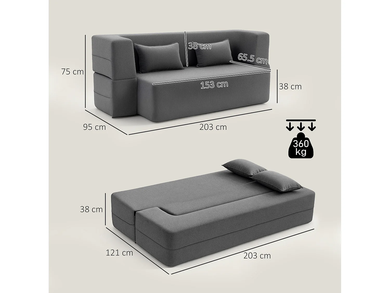 Canapé convertible 2 places - HOMCOM - assise et accoudoirs larges 2 coussins entièrement compressé - chenille - 203x95x75cm - gris