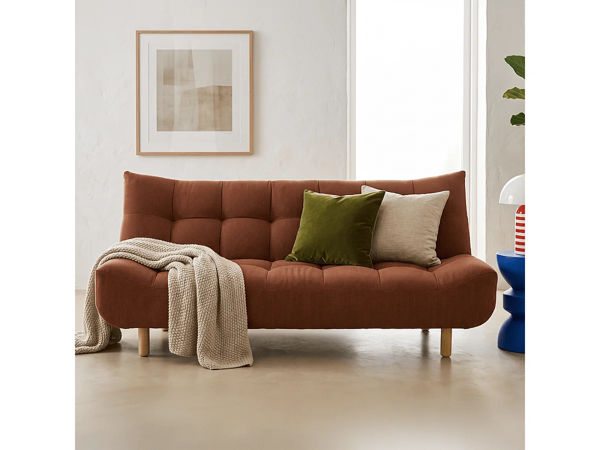 Canapé capitonné convertible 3 places en tissu chenille terracotta - Bumpy